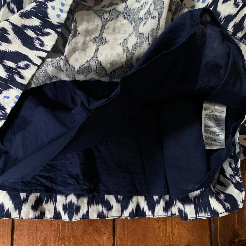 Gap 100% Linen Sleeveless V-neck Fit & Flare Ikat Blue White Mini Dress Size 4
